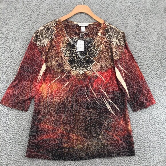 Christopher & Banks Top Womens Large Multicolor 3/4 Sleeve Boho Perforated NWT - Picture 1 of 10